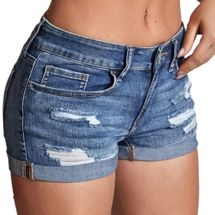 Distressed Jean Rip - High Waist Washed Denim Shorts Distressed
