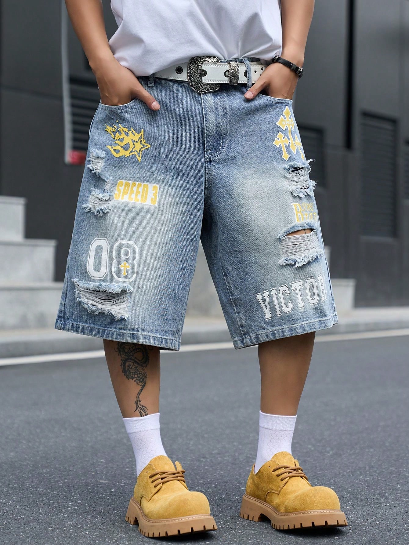 Distressed Jean Rip - Men's Loose Fit Denim Bermuda Shorts,