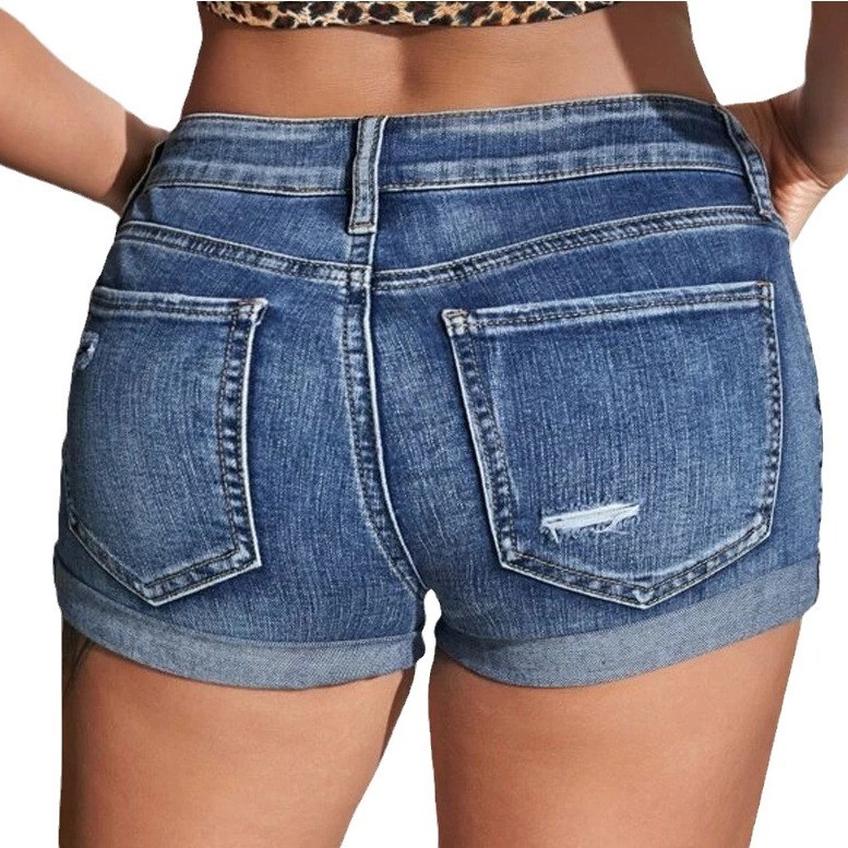 High Waist Washed Denim Shorts - Distressed Jean Rip 评论和价格