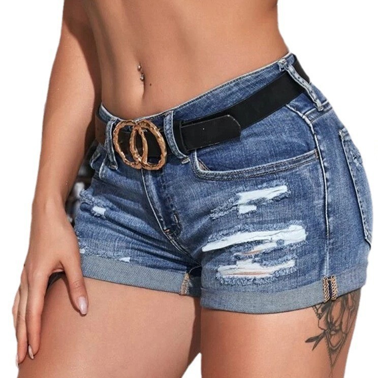 High Waist Washed Denim Shorts - Distressed Jean Rip 评论和价格