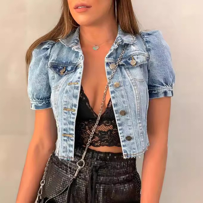 Women Denim Jacket Crop Light  - Distressed Jean Rip 评论和价格