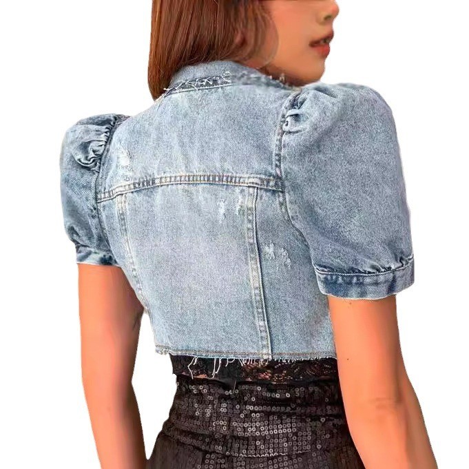 Women Denim Jacket Crop Light  - Distressed Jean Rip 评论和价格