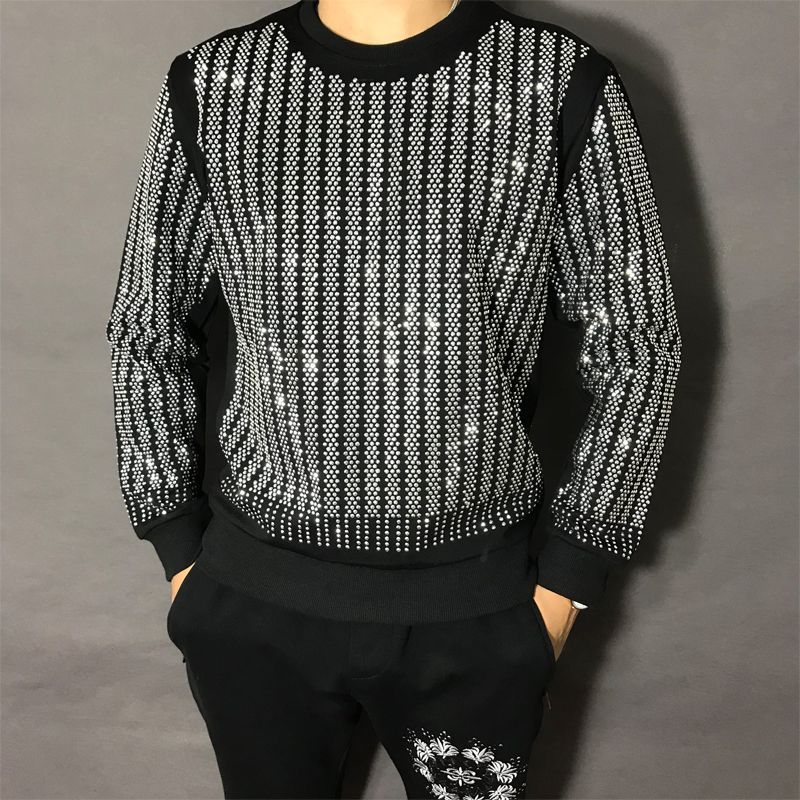 Men Luxury Rhinestone Crew Nec - Oversized Crewneck Fleece 评论和价格