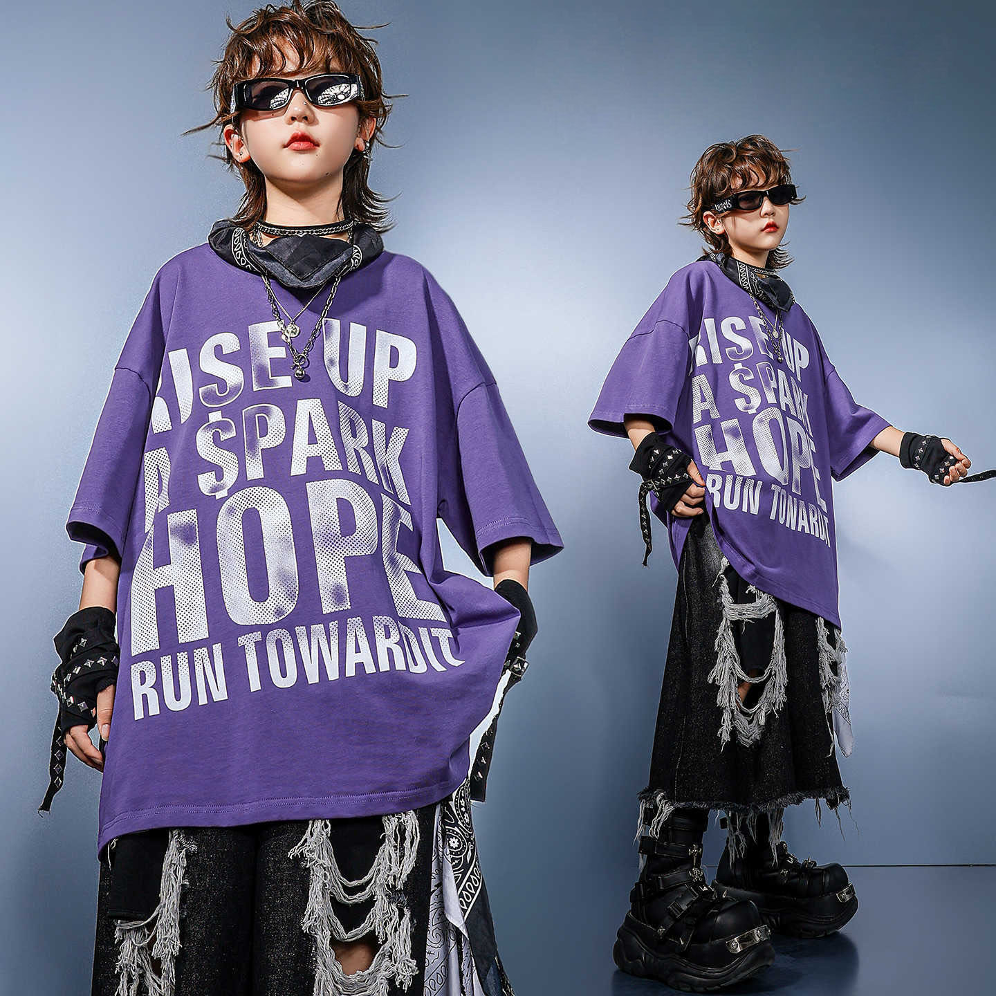 Kid Hip Hop Clothing Purple Le - Distressed Jean Rip 评论和价格